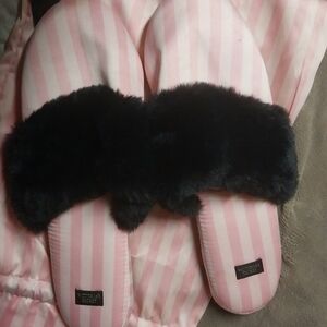 Victoria's Secret Pink Striped Slippers with Black Fur L 8-9